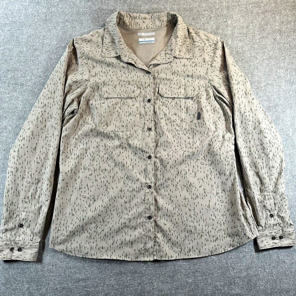 Columbia Omni-Shade Women’s L Camping Print Button Shirt Long Sleeve Gray Green